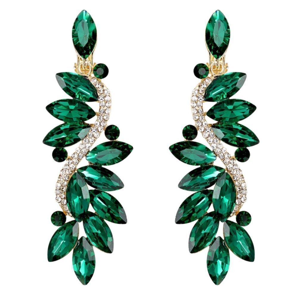 Yellow Gold with Emerald Green Austrian Crystal Clip On Chandelier Earrings